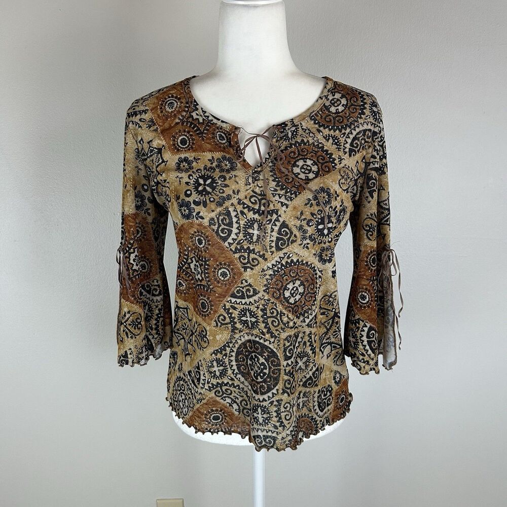 Patchwork Grunge Top Blouse Western Boho Y2K Cottagecore Peasant Brown Tie L